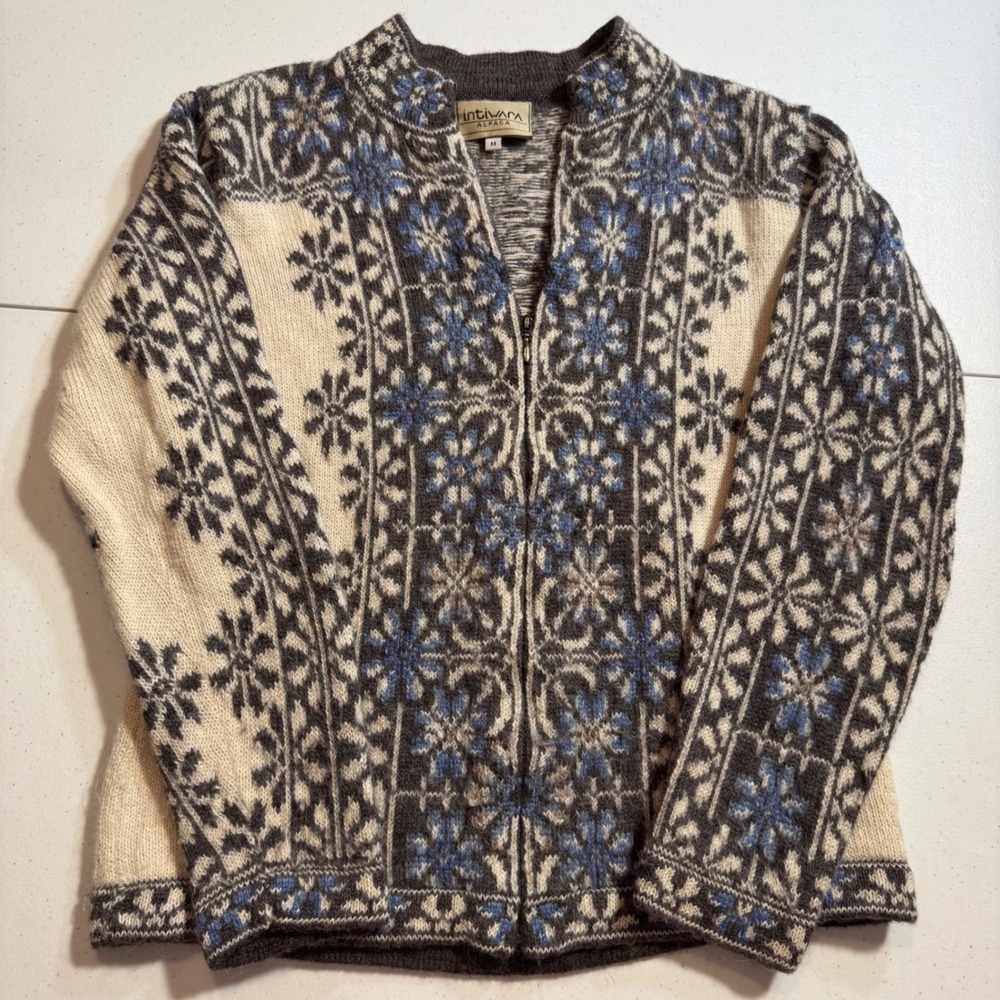 Intiwara 100% Alpaca Full Zip‎ Sweater Cardigan Geometric M Floral Quiet Luxury